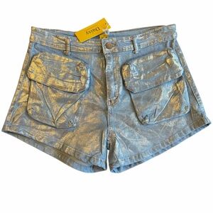 Daisy Metallic Foil Denim Shorts NWT Silver Gold Sheen High Rise Festival Size L